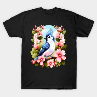 Cute Tufted Titmouse Surrounded by Vibrant Spring Flowers T-Shirt